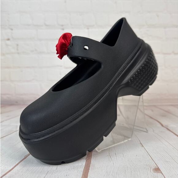 Crocs Stomp Rosette Mary Jane Black Red Rose Platform Clog Sandals M Sz 5/W Sz 7 - Picture 4 of 9
